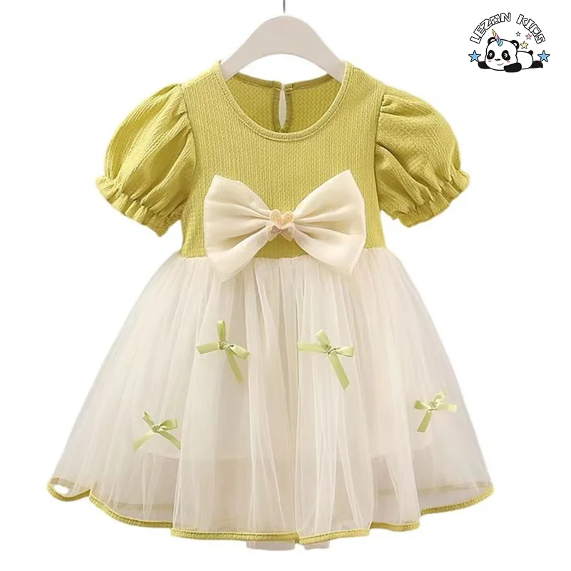 LEZONKIDS - Custom Bow Waistband Puff Sleeve Breathable Summer Tulle Boutique Dress Toddlers Girls' Casual Formal Sweet Long Party Dress